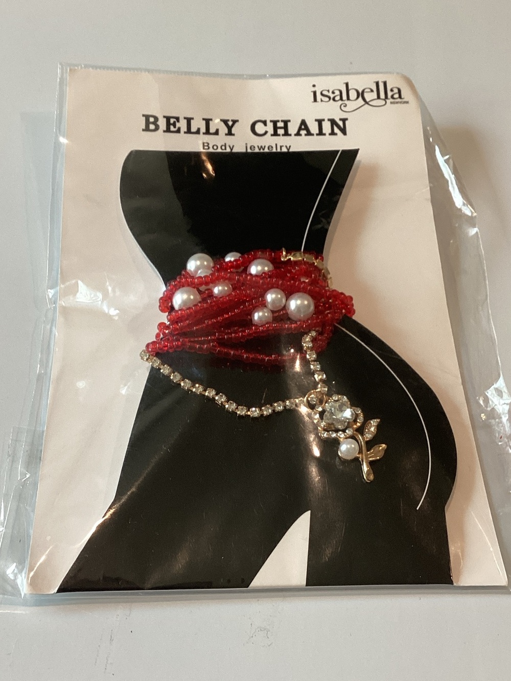 Abella Red Beaded Belly Chain with Pearl & Gold Flower Charm